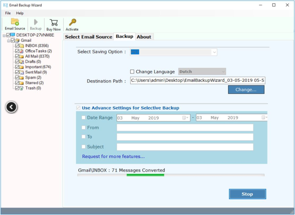 screenshot of Mails Backup